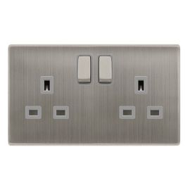 Click SFSS536GY Definity Complete Stainless Steel Screwless 2 Gang 13A 2 Pole Switched Socket - Grey Insert