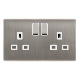 Click SFSS536PW Definity Complete Stainless Steel Screwless 2 Gang 13A 2 Pole Switched Socket - White Insert