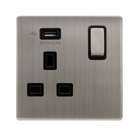 Click SFSS571UBK Definity Complete Stainless Steel Screwless 1 Gang 13A 1x USB-A 2.1A Switched Socket - Black Insert image