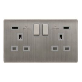 Click SFSS580GY Definity Complete Stainless Steel Screwless 2 Gang 13A 2x USB-A 2.1A Switched Socket - Grey Insert image