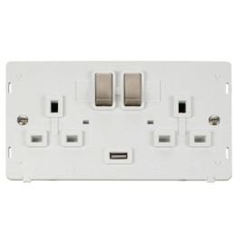 Click SIN570PWBS Brushed Steel Definity Ingot 2 Gang 13A 1x 2.1A USB-A Switched Socket Insert - White Insert
