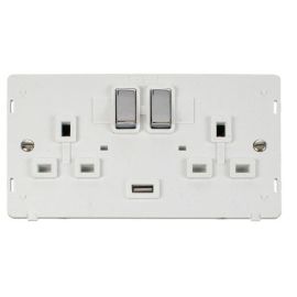 Click SIN570PWCH Polished Chrome Definity Ingot 2 Gang 13A 1x 2.1A USB-A Switched Socket Insert - White Insert