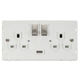 Click SIN570PWSS Stainless Steel Definity Ingot 2 Gang 13A 1x 2.1A USB-A Switched Socket Insert - White Insert image