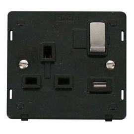 Click SIN571BKSS Stainless Steel Definity Ingot 1 Gang 13A 1x 2.1A USB-A Switched Socket Insert - Black Insert image