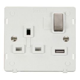 Click SIN571PWBS Brushed Steel Definity Ingot 1 Gang 13A 1x 2.1A USB-A Switched Socket Insert - White Insert image