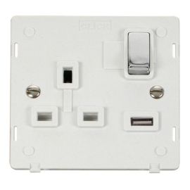 Click SIN571PWCH Polished Chrome Definity Ingot 1 Gang 13A 1x 2.1A USB-A Switched Socket Insert - White Insert image
