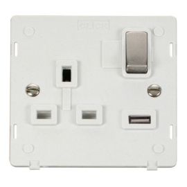Click SIN571PWSS Stainless Steel Definity Ingot 1 Gang 13A 1x 2.1A USB-A Switched Socket Insert - White Insert image