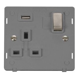 Click SIN571UGYBS Brushed Steel Definity Ingot 1 Gang 13A 1x 2.1A USB-A Switched Socket Insert - Grey Insert image