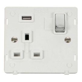 Click SIN571UPWCH Polished Chrome Definity Ingot 1 Gang 13A 1x 2.1A USB-A Switched Socket Insert - White Insert image
