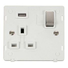 Click SIN571UPWSS Stainless Steel Definity Ingot 1 Gang 13A 1x 2.1A USB-A Switched Socket Insert - White Insert image