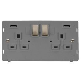 Click SIN580GYBS Brushed Steel Definity Ingot 2 Gang 13A 2x 2.1A USB-A Switched Socket Insert - Grey Insert