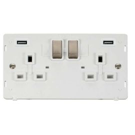 Click SIN580PWBS Brushed Steel Definity Ingot 2 Gang 13A 2x 2.1A USB-A Switched Socket Insert - White Insert