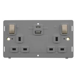 Click SIN586GYBS Brushed Steel Definity Ingot 2 Gang 13A 1x USB-A 1x USB-C 4.2A Switched Socket Insert - Grey Insert image