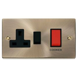Click VPAB204BK Deco Antique Brass 45A Cooker Switch Unit with 13A 2 Pole Switched Socket - Black Insert image