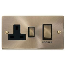 Click VPAB504BK Deco Antique Brass Ingot 45A Cooker Switch Unit with 13A 2 Pole Switched Socket - Black Insert