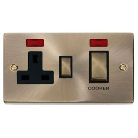 Click VPAB505BK Deco Antique Brass Ingot 45A Cooker Switch Unit with 13A 2 Pole Neon Switched Socket - Black Insert
