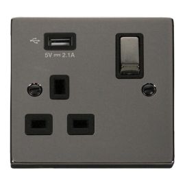 Click VPBN571BK Deco Black Nickel Ingot 1 Gang 13A 1x USB-A 2.1A Switched Socket - Black Insert image