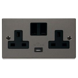 Click VPBN770BK Deco Black Nickel 2 Gang 13A 1x USB-A 2.1A Switched Socket - Black Insert