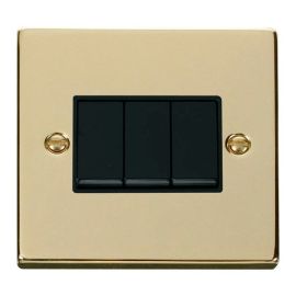 Click VPBR013BK Deco Polished Brass 3 Gang 10AX 2 Way Plate Switch - Black Insert