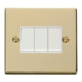 Click VPBR013WH Deco Polished Brass 3 Gang 10AX 2 Way Plate Switch - White Insert image