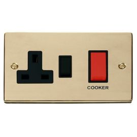 Click VPBR204BK Deco Polished Brass 45A Cooker Switch Unit with 13A 2 Pole Switched Socket - Black Insert