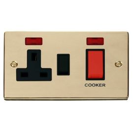 Click VPBR205BK Deco Polished Brass 45A Cooker Switch Unit with 13A 2 Pole Neon Switched Socket - Black Insert