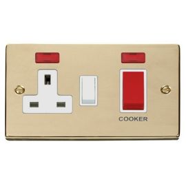 Click VPBR205WH Deco Polished Brass 45A Cooker Switch Unit with 13A 2 Pole Neon Switched Socket - White Insert