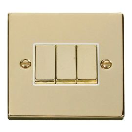 Click VPBR413WH Deco Polished Brass Ingot 3 Gang 10AX 2 Way Plate Switch - White Insert
