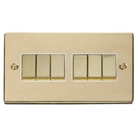 Click VPBR416WH Deco Polished Brass Ingot 6 Gang 10AX 2 Way Plate Switch - White Insert image