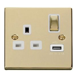 Click VPBR571WH Deco Polished Brass Ingot 1 Gang 13A 1x USB-A 2.1A Switched Socket - White Insert image