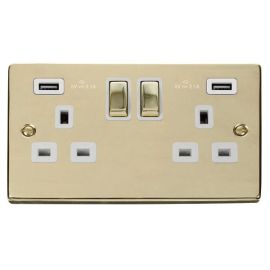 Click VPBR580WH Deco Polished Brass Ingot 2 Gang 13A 2x USB-A 4.2A Switched Socket - White Insert
