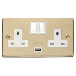 Click VPBR770WH Deco Polished Brass 2 Gang 13A 1x USB-A 2.1A Switched Socket - White Insert image