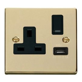 Click VPBR771BK Deco Polished Brass 1 Gang 13A 1x USB-A 2.1A Switched Socket - Black Insert image
