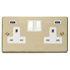 Click VPBR780WH Deco Polished Brass 2 Gang 13A 2x USB-A 4.2A Switched Socket - White Insert