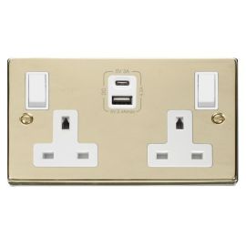 Click VPBR786WH Deco Polished Brass 2 Gang 13A 1x USB-A 1x USB-C 4.2A Switched Socket - White Insert