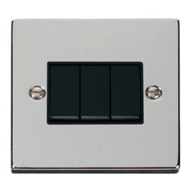 Click VPCH013BK Deco Polished Chrome 3 Gang 10AX 2 Way Plate Switch - Black Insert image