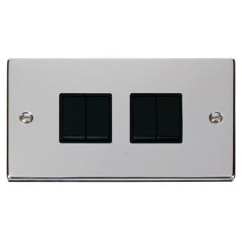 Click VPCH019BK Deco Polished Chrome 4 Gang 10AX 2 Way Plate Switch - Black Insert image
