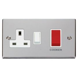 Click VPCH204WH Deco Polished Chrome 45A Cooker Switch Unit with 13A 2 Pole Switched Socket - White Insert image