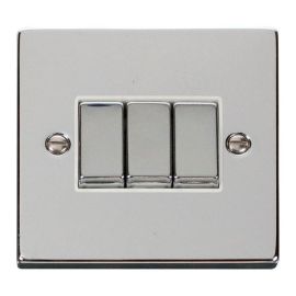Click VPCH413WH Deco Polished Chrome Ingot 3 Gang 10AX 2 Way Plate Switch - White Insert image