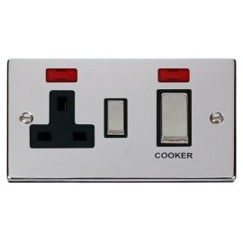 Click VPCH505BK Deco Polished Chrome Ingot 45A Cooker Switch Unit with 13A 2 Pole Neon Switched Socket - Black Insert