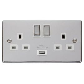 Click VPCH570WH Deco Polished Chrome Ingot 2 Gang 13A 1x USB-A 2.1A Switched Socket - White Insert image