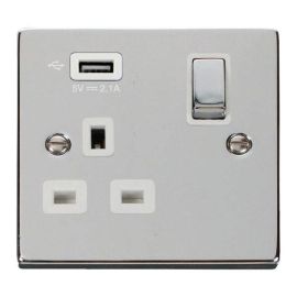 Click VPCH571UWH Deco Polished Chrome Ingot 1 Gang 13A 1x USB-A 2.1A Switched Socket - White Insert image