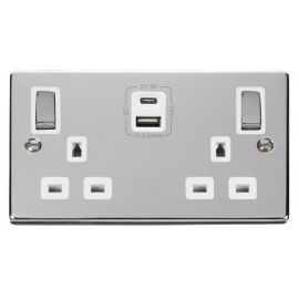 Click VPCH586WH Deco Polished Chrome Ingot 2 Gang 13A 1x USB-A 1x USB-C 4.2A Switched Socket - White Insert image