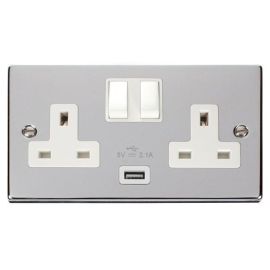 Click VPCH770WH Deco Polished Chrome 2 Gang 13A 1x USB-A 2.1A Switched Socket - White Insert