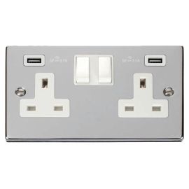 Click VPCH780WH Deco Polished Chrome 2 Gang 13A 2x USB-A 4.2A Switched Socket - White Insert image