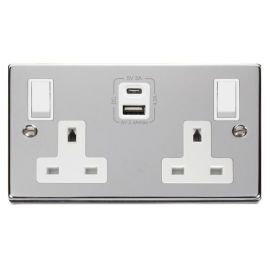 Click VPCH786WH Deco Polished Chrome 2 Gang 13A 1x USB-A 1x USB-C 4.2A Switched Socket - White Insert image