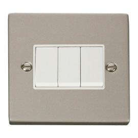 Click VPPN013WH Deco Pearl Nickel 3 Gang 10AX 2 Way Plate Switch - White Insert