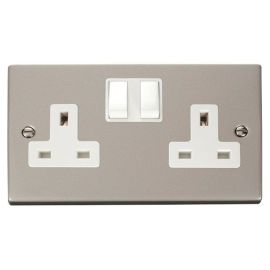 Click VPPN036WH Deco Pearl Nickel 2 Gang 13A 2 Pole Switched Socket - White Insert