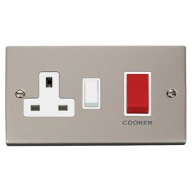 Click VPPN204WH Deco Pearl Nickel 45A Cooker Switch Unit with 13A 2 Pole Switched Socket - White Insert image