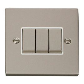 Click VPPN413WH Deco Pearl Nickel Ingot 3 Gang 10AX 2 Way Plate Switch - White Insert